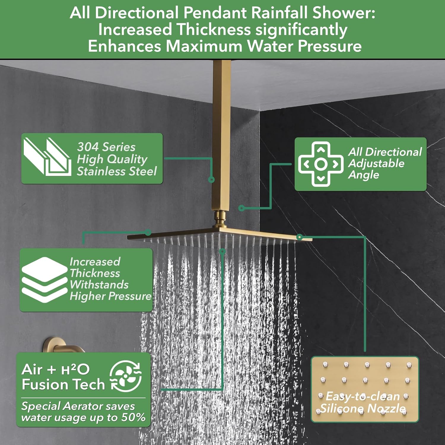 VANFOXLE Shower Faucet Set Brushed Gold Shower System, Four Modes Shower Faucet with 2 in 1 Handheld, Ceiling Mount 12 Inch Shower Head with 14 * 7 Inch Shoulder-Mounted Shower Massager