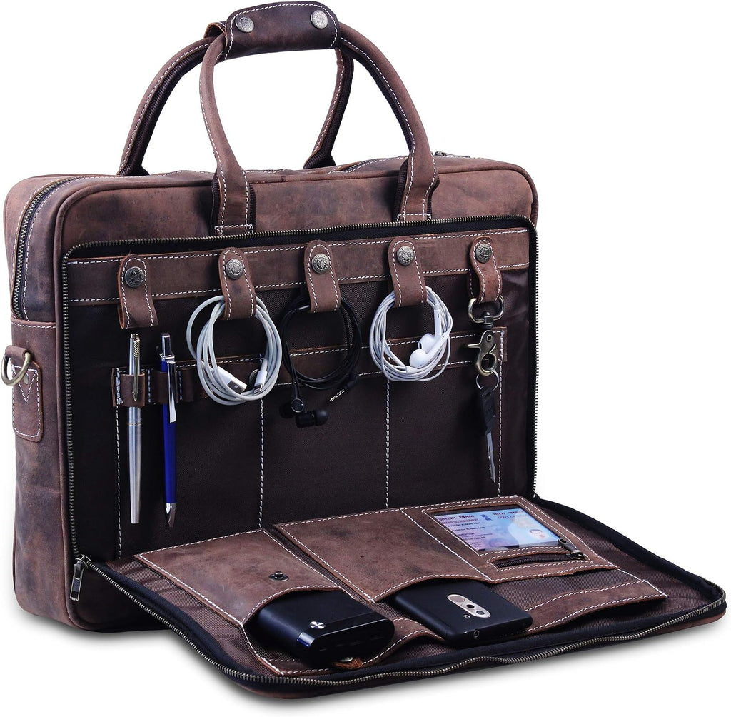 18 Inch Leather Laptop Bag for Computer Bag for Men– Supple Genuine Leather Briefcases for Men W/Padded Laptop Case Leather