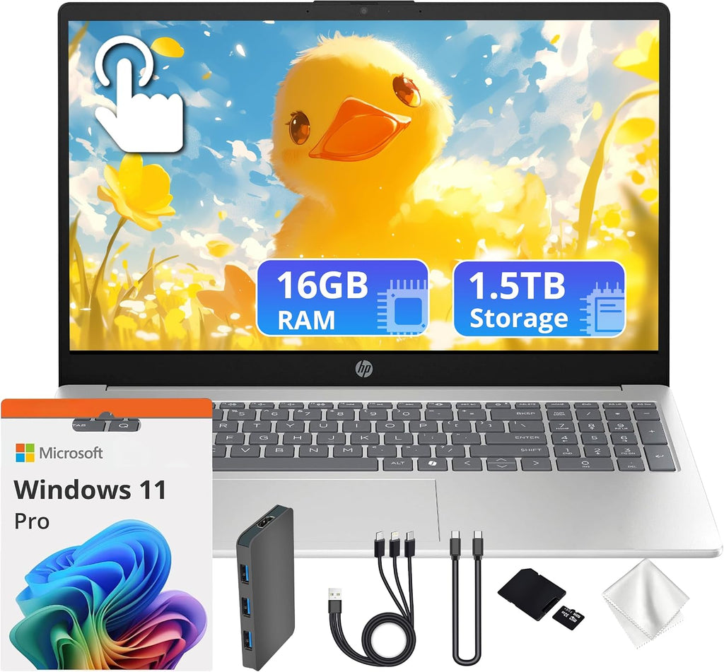 HP 15.6' FHD Touchscreen Laptop, Intel 10-Core i5-1334U, 16GB RAM, 1.5TB Storage (512GB SSD+1TB Docking Station Set), Intel Graphics, Copilot, Number Pad, 720p Webcam, Wi-Fi 6, Win 11 Pro, Silver