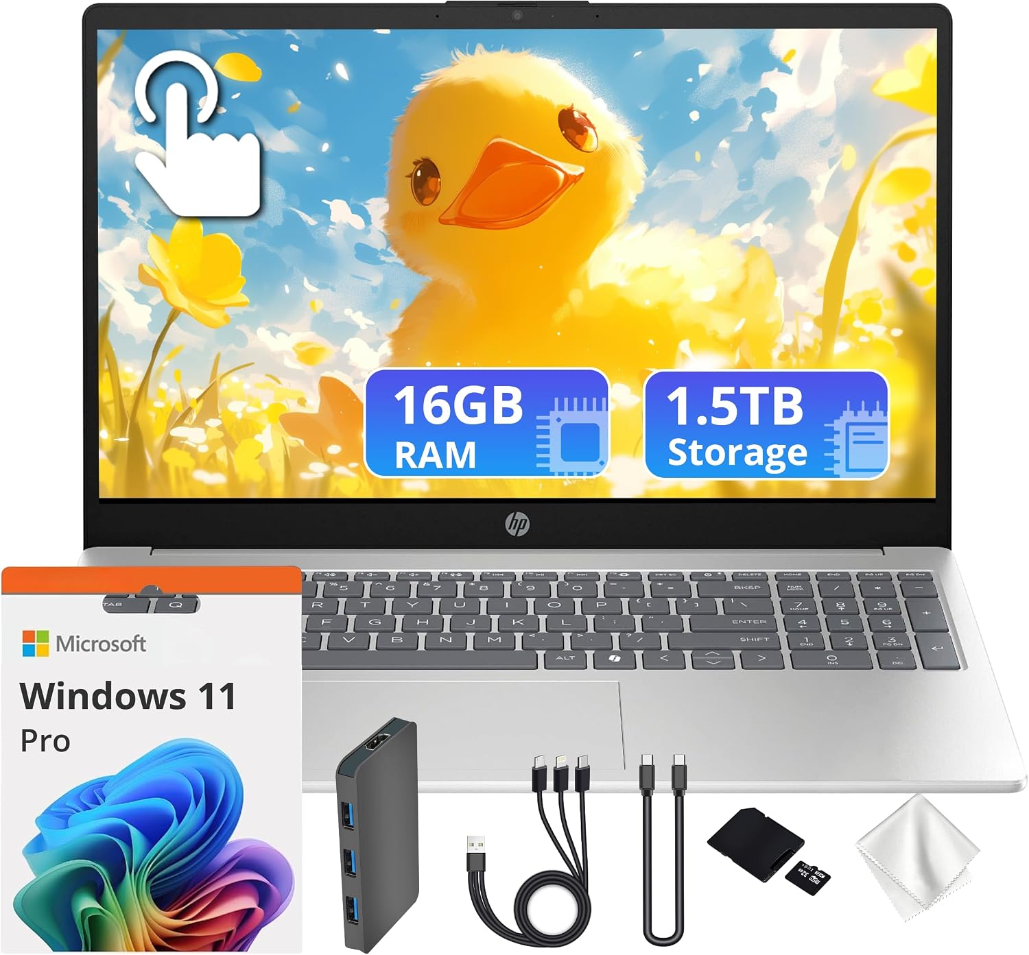 HP 15.6' FHD Touchscreen Laptop, Intel 10-Core i5-1334U, 16GB RAM, 1.5TB Storage (512GB SSD+1TB Docking Station Set), Intel Graphics, Copilot, Number Pad, 720p Webcam, Wi-Fi 6, Win 11 Pro, Silver