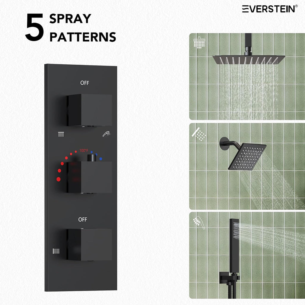 12' Ceiling Mount Dual Rainfall Shower Head System with Handheld Spray, Bathroom Shower Set with Valve (Matte Black)