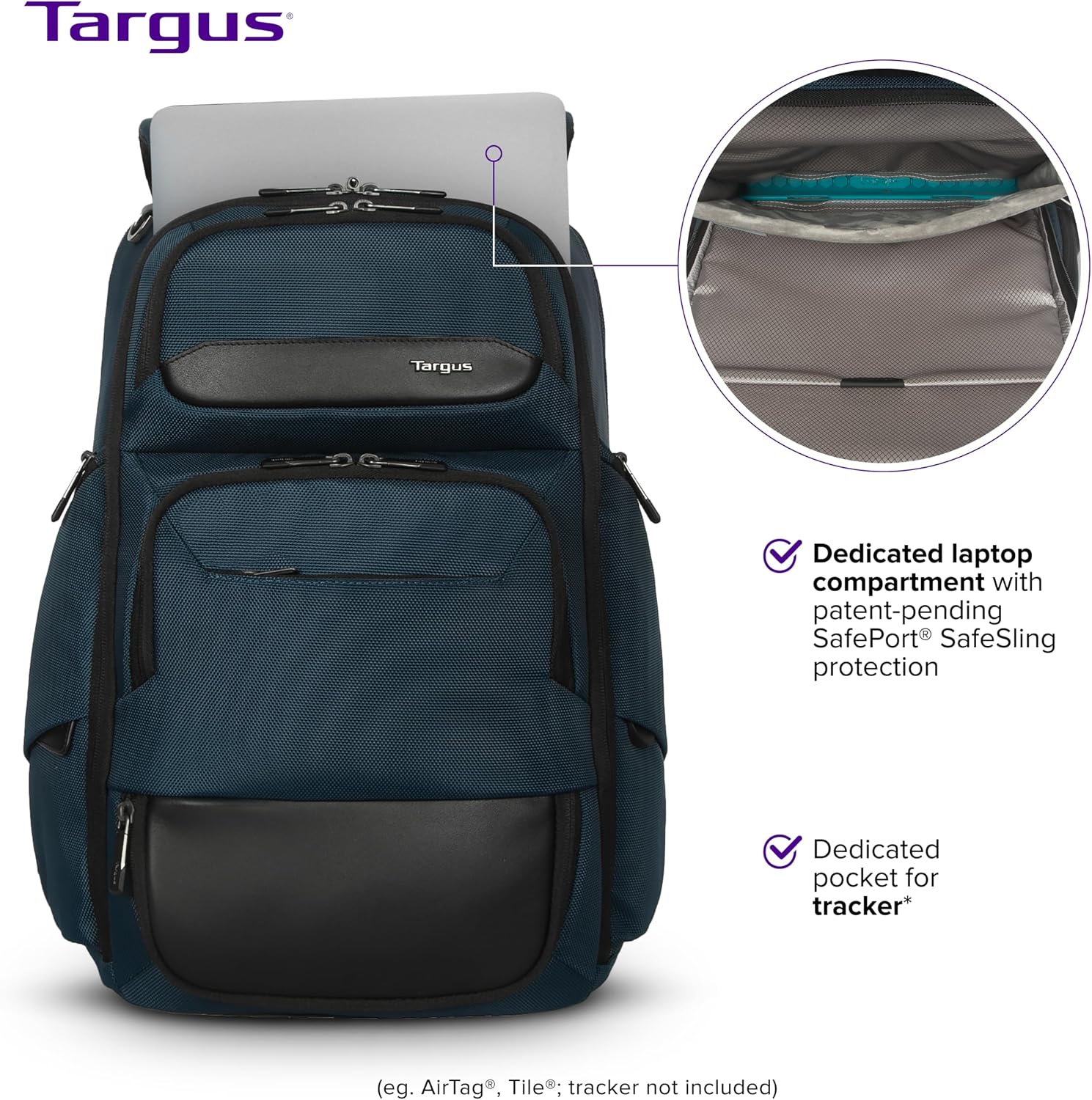 Targus HeritageLuxe Backpack 15-16' – Blue Laptop Bag with SafeSling Protection, RFID Pocket, USB-C Charging, Tracker Slot, Eco Fabric, Leather Accents - TBB65602GL