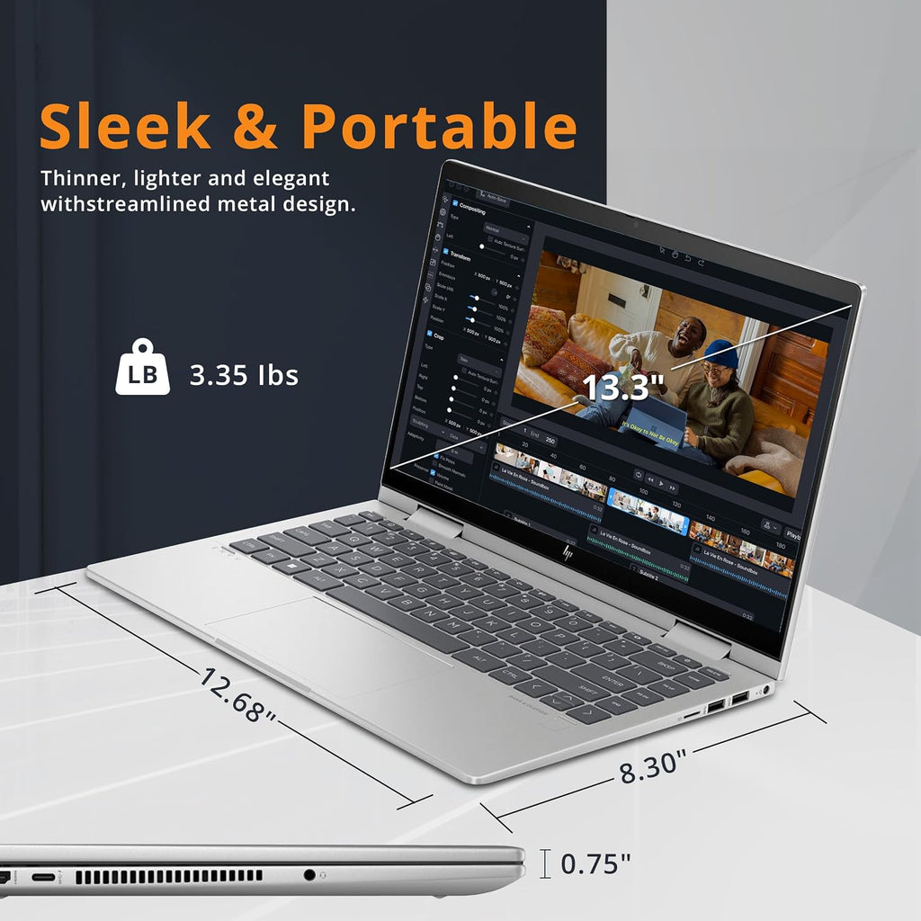 HP Envy x360 2-in-1 14' FHD Touchscreen Laptop, Intel Core i7-1355U, 16GB RAM, 1TB SSD, Backlit KB, 5MP Camera, Fingerprint Reader, Intel Iris Xe Graphics, Wi-Fi 6E, Win 11, Silver, 32GB USB Card