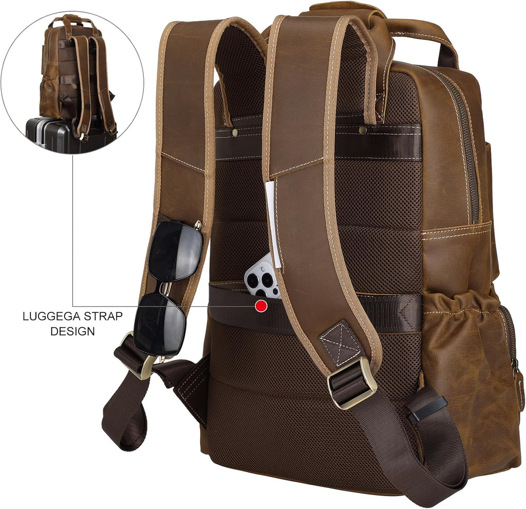 TIDING Brown Leather Laptop Backpack for Men, Vintage Business Casual Daypack Fits 15.6' 16' Computer, Large Weekender Travel Back Pack