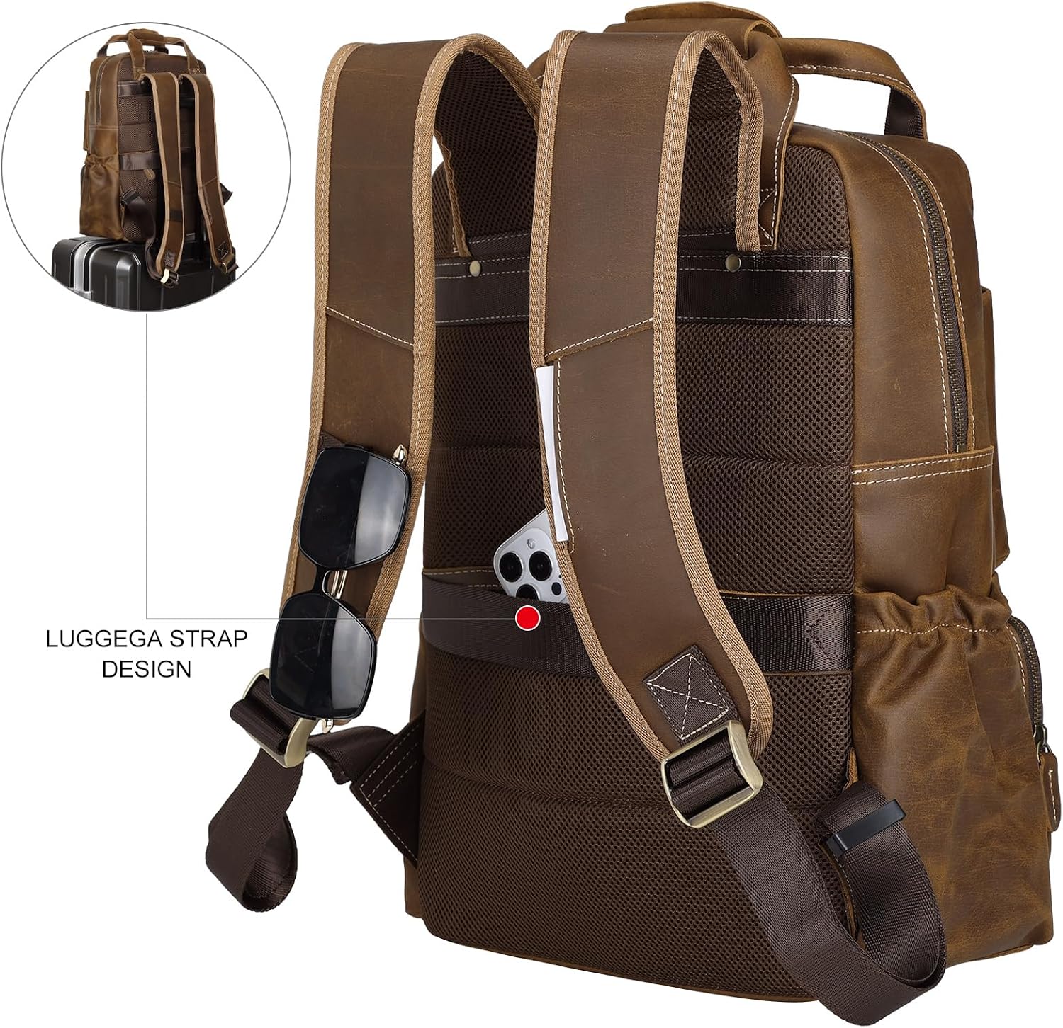 TIDING Brown Leather Laptop Backpack for Men, Vintage Business Casual Daypack Fits 15.6' 16' Computer, Large Weekender Travel Back Pack