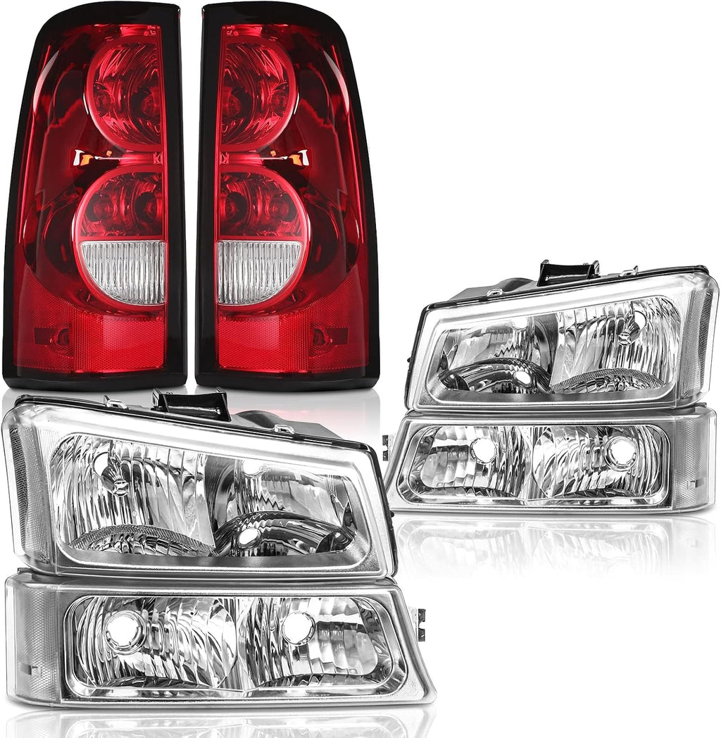 Headlights Tail Lights Assembly Combo Compatible with 2003 2004 2005 2006 Chevy Silverado 1500 2500 3500, Chrome Housing Clear Lens Headlamp w/ Red Taillight Rear Brake Lamp