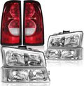 Headlights Tail Lights Assembly Combo Compatible with 2003 2004 2005 2006 Chevy Silverado 1500 2500 3500, Chrome Housing Clear Lens Headlamp w/ Red Taillight Rear Brake Lamp