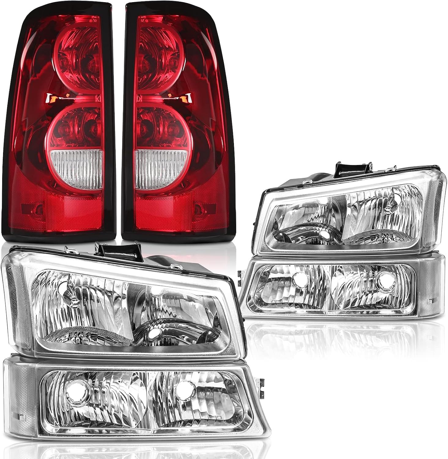 Headlights Tail Lights Assembly Combo Compatible with 2003 2004 2005 2006 Chevy Silverado 1500 2500 3500, Chrome Housing Clear Lens Headlamp w/ Red Taillight Rear Brake Lamp