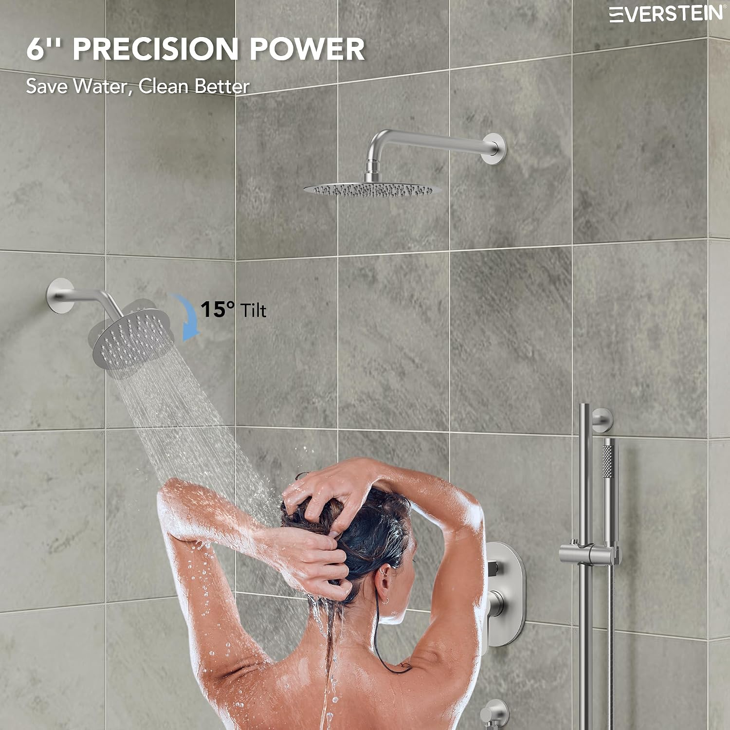Wall Mount 10' High-Pressure Rainfall Shower Faucet with Slide Bar, Dual Rainfall Shower Head System with Valve (Brushed Nickel)