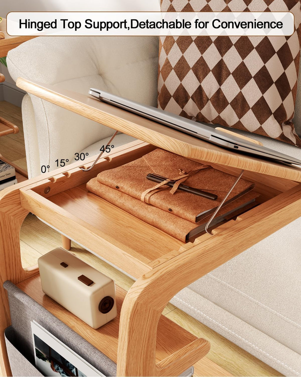 AQIMUELE Wooden C-Shaped End Table,Couch Desk with 2 Lockable Wheels,4-Tier Couch Table with Storage Bag,Small Rolling Side Table Tv Trays for Couch, Living Room,Bedroom (Natural)