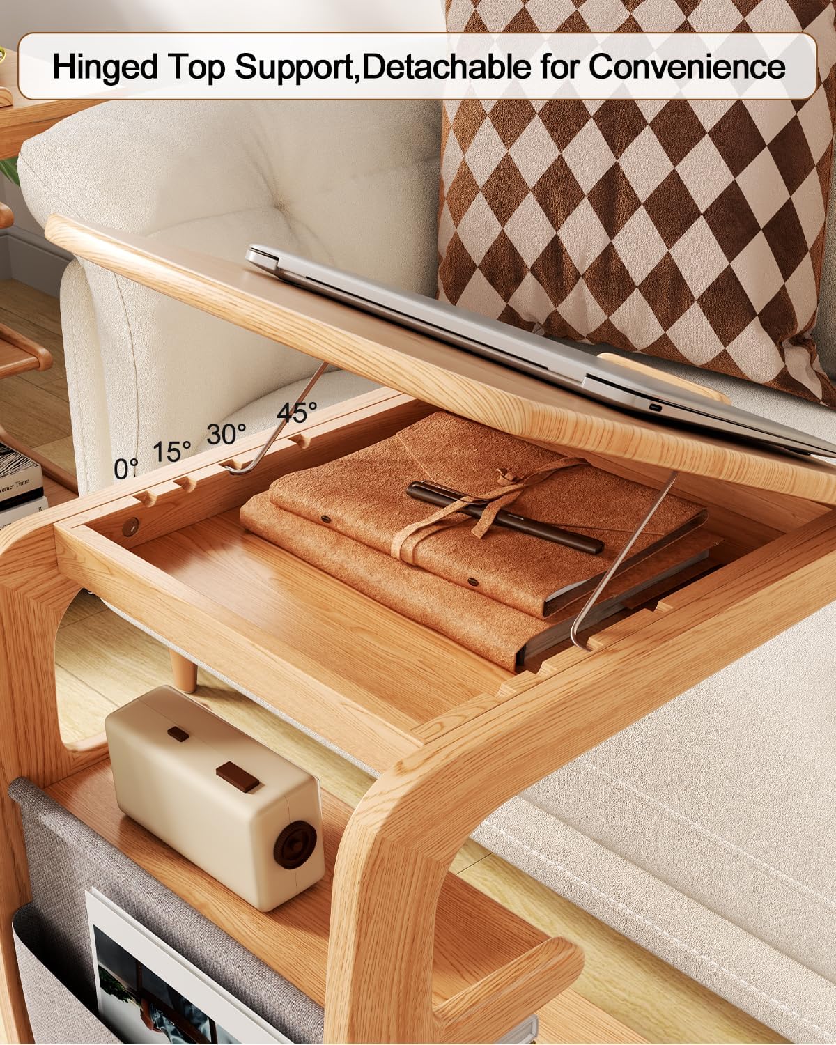AQIMUELE Wooden C-Shaped End Table,Couch Desk with 2 Lockable Wheels,4-Tier Couch Table with Storage Bag,Small Rolling Side Table Tv Trays for Couch, Living Room,Bedroom (Natural)