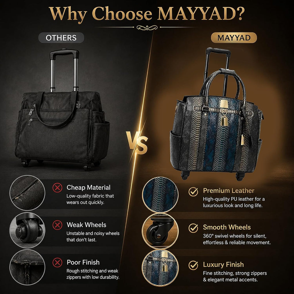Rolling Laptop Bag for Women with Wheels & Handle Luxury Pure Leather Embossed Work Bag with Laptop Sleeve Travel Briefcase