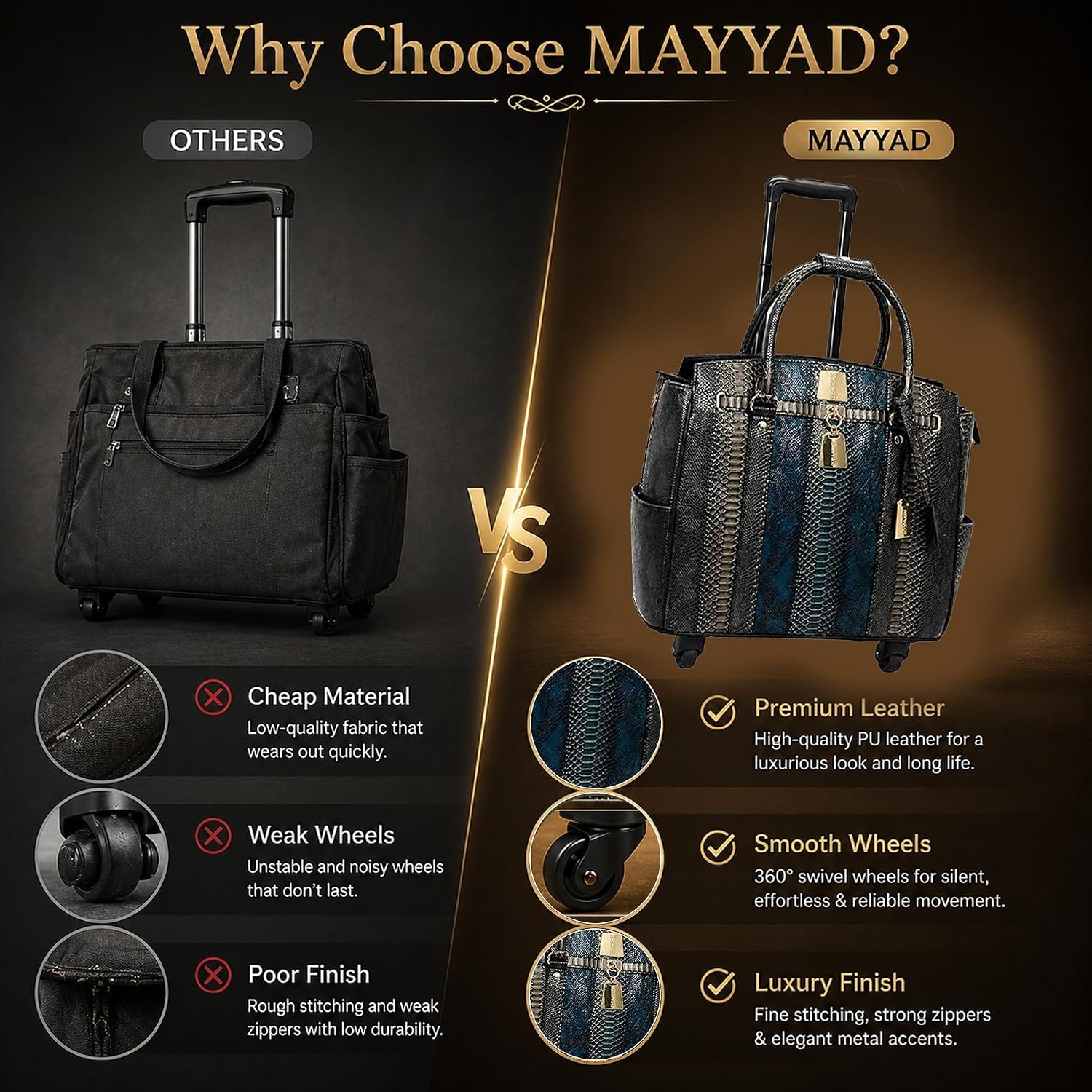 Rolling Laptop Bag for Women with Wheels & Handle Luxury Pure Leather Embossed Work Bag with Laptop Sleeve Travel Briefcase