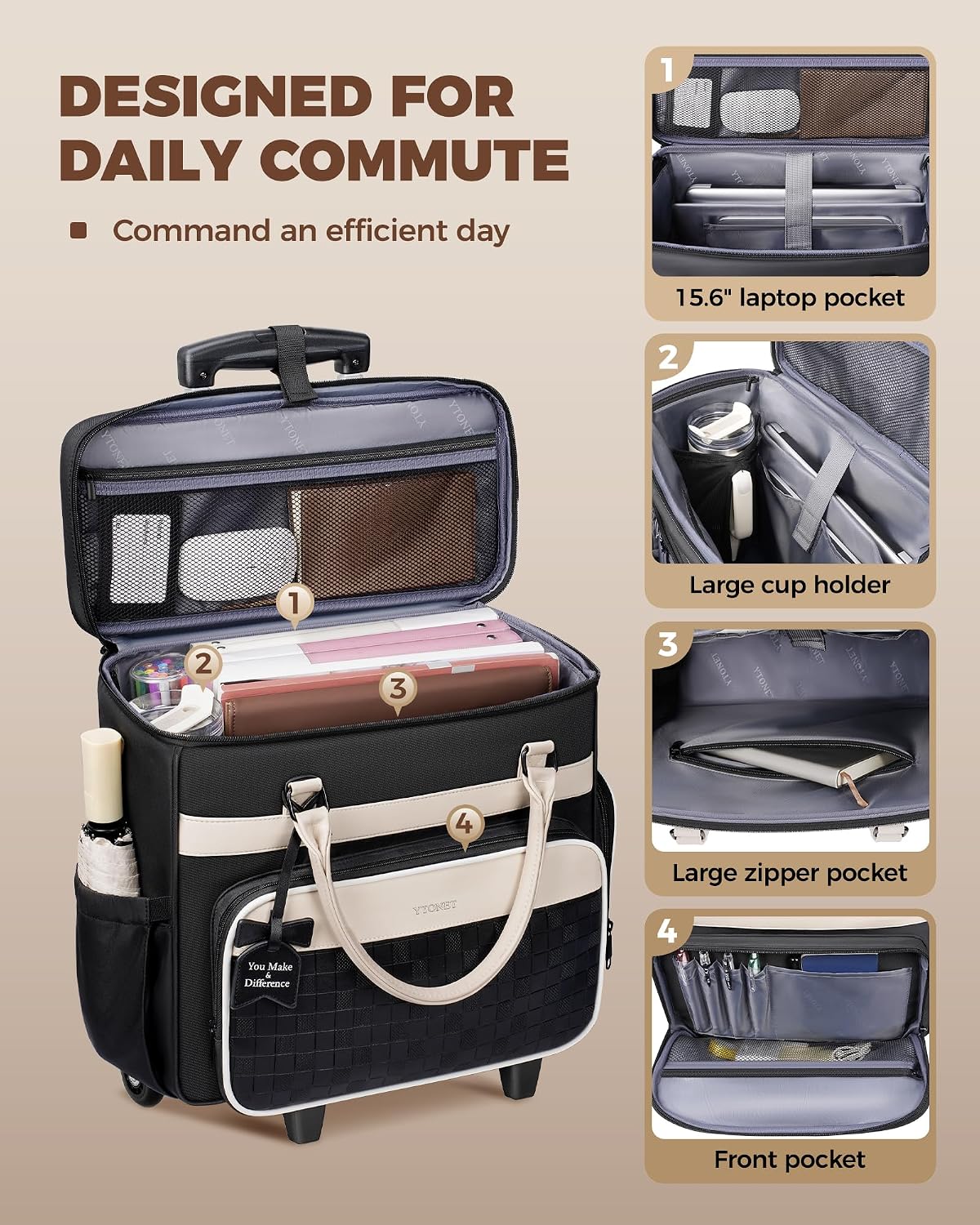 Ytonet Rolling Teacher Bag with Insulated Lunch Carrier & Rolling Laptop Bag with Large Cup Holder