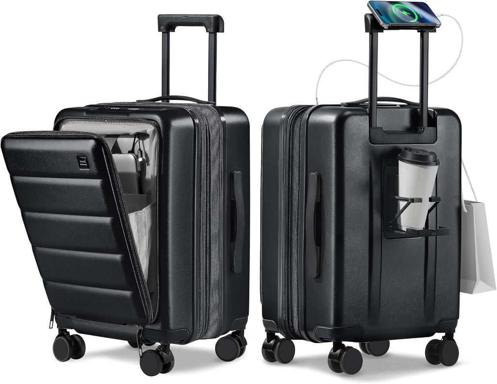 Expandable 20Inch Carry On Luggage Airline Approved - Front Pocket Travel Suitcase 100% PC Unbreakable -with Cup Holder,USB Charge,Side Pothook, 360°Spinner Wheels, TSA Lock-Black