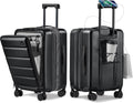 Expandable 20Inch Carry On Luggage Airline Approved - Front Pocket Travel Suitcase 100% PC Unbreakable -with Cup Holder,USB Charge,Side Pothook, 360°Spinner Wheels, TSA Lock-Black