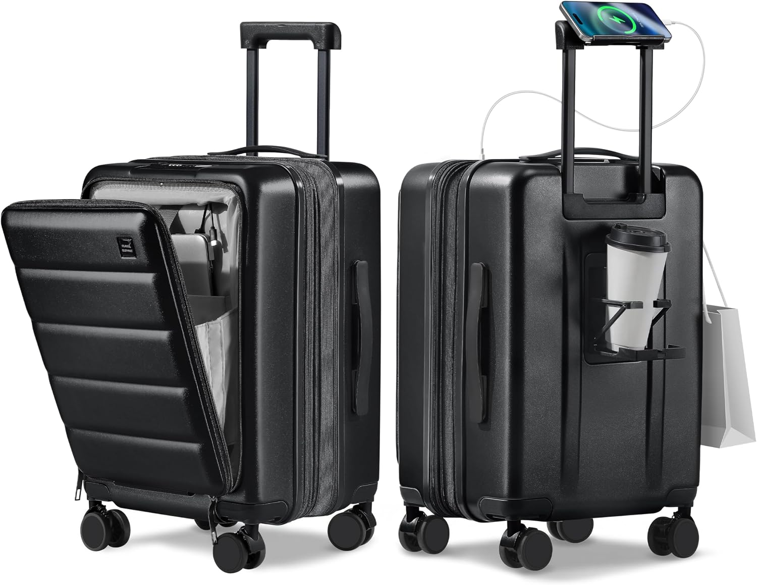 Expandable 20Inch Carry On Luggage Airline Approved - Front Pocket Travel Suitcase 100% PC Unbreakable -with Cup Holder,USB Charge,Side Pothook, 360°Spinner Wheels, TSA Lock-Black