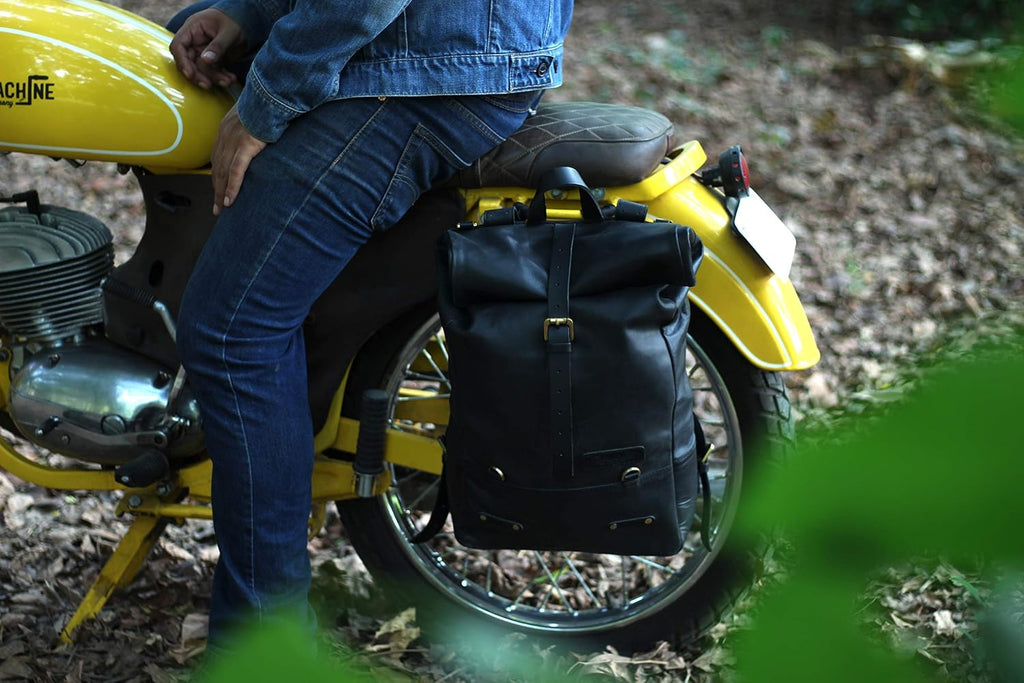 Trip Machine Company Full Grain Leather Roll Top Motorcycle Backpack Pannier – Quick Mount 15L Waterproof Laptop Bag (Black)