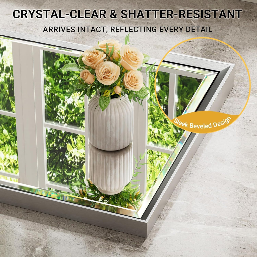 48x24 Beveled Silver Bathroom Vanity Mirror, Shatterproof Large Rectangle Metal Framed Mirror for Bathroom Wall, Anti-Rust Vertical/Horizontal Wall-Mounted Mirrors