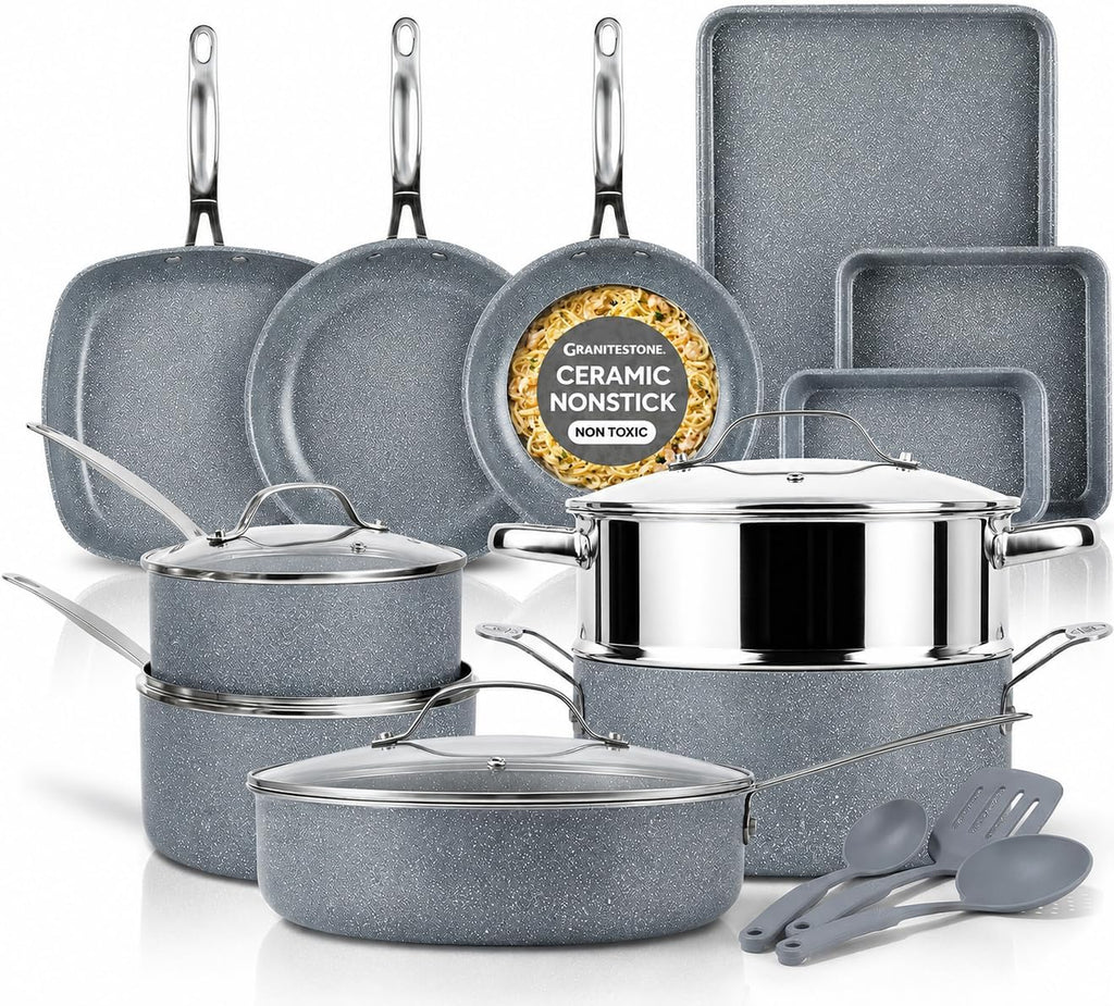 Granitestone Ceraluxe 20 Pc Ceramic Cookware Set Nonstick, Complete Pots and Pans Set Non Stick for Kitchen with Bakeware, Utensils & Steamer, Non Toxic Made Without PFOA PFOS, Oven & Dishwasher Safe