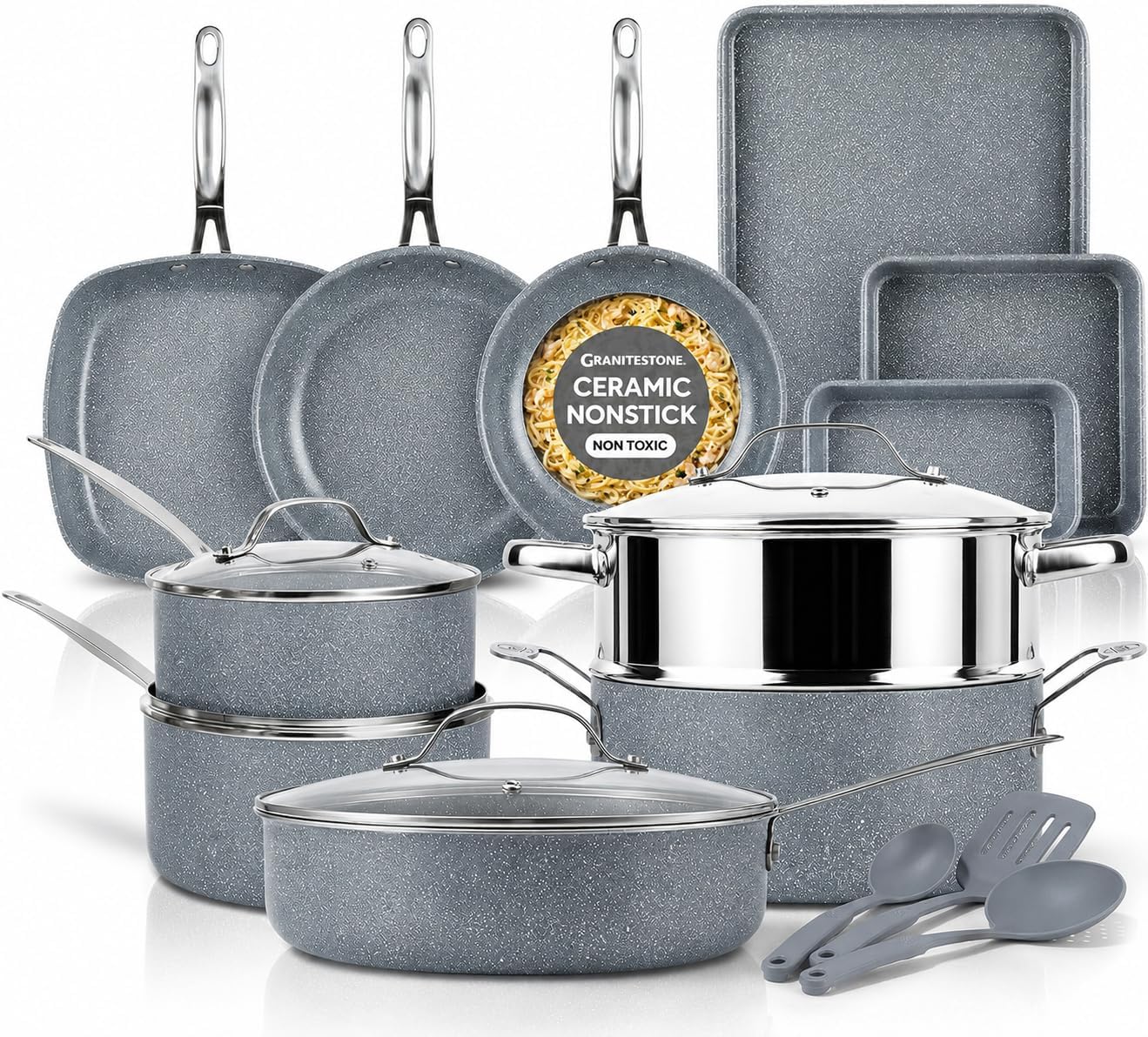 Granitestone Ceraluxe 20 Pc Ceramic Cookware Set Nonstick, Complete Pots and Pans Set Non Stick for Kitchen with Bakeware, Utensils & Steamer, Non Toxic Made Without PFOA PFOS, Oven & Dishwasher Safe