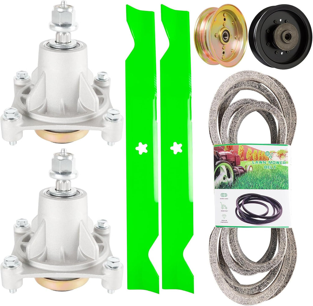 46 Inch Deck Spindle Belt Idler Rebuild Kit Fit for Husqvarna RZ4623 RZ4621 Dixon Speed ZTR 46 Mower Includes (2) 174356 174358 Spindle (2) 21546611 Blade (2) Idler 539132728 196104 (1) Belt 539117245