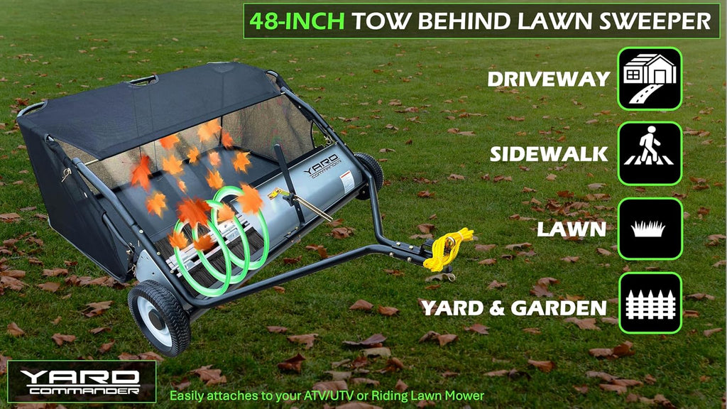 Yard Commander - 48-Inch Tow-Behind Lawn Sweeper, 10' Nylon Brushes, Universal Tractor/ATV Hitch, Never-Flat Wheels, Adjustable Height, 1-Year Warranty, Ideal for Leaves, Grass & Debris