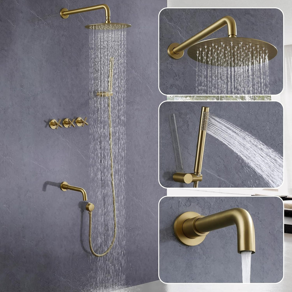RBROHANT Brushed Gold Shower System with Tub Spout, Brass Bathtub Shower Faucet Set with 3 Way Rough-in Valve,10 Inch Round Shower Head Set with Tub Spout and Handheld, JK0299
