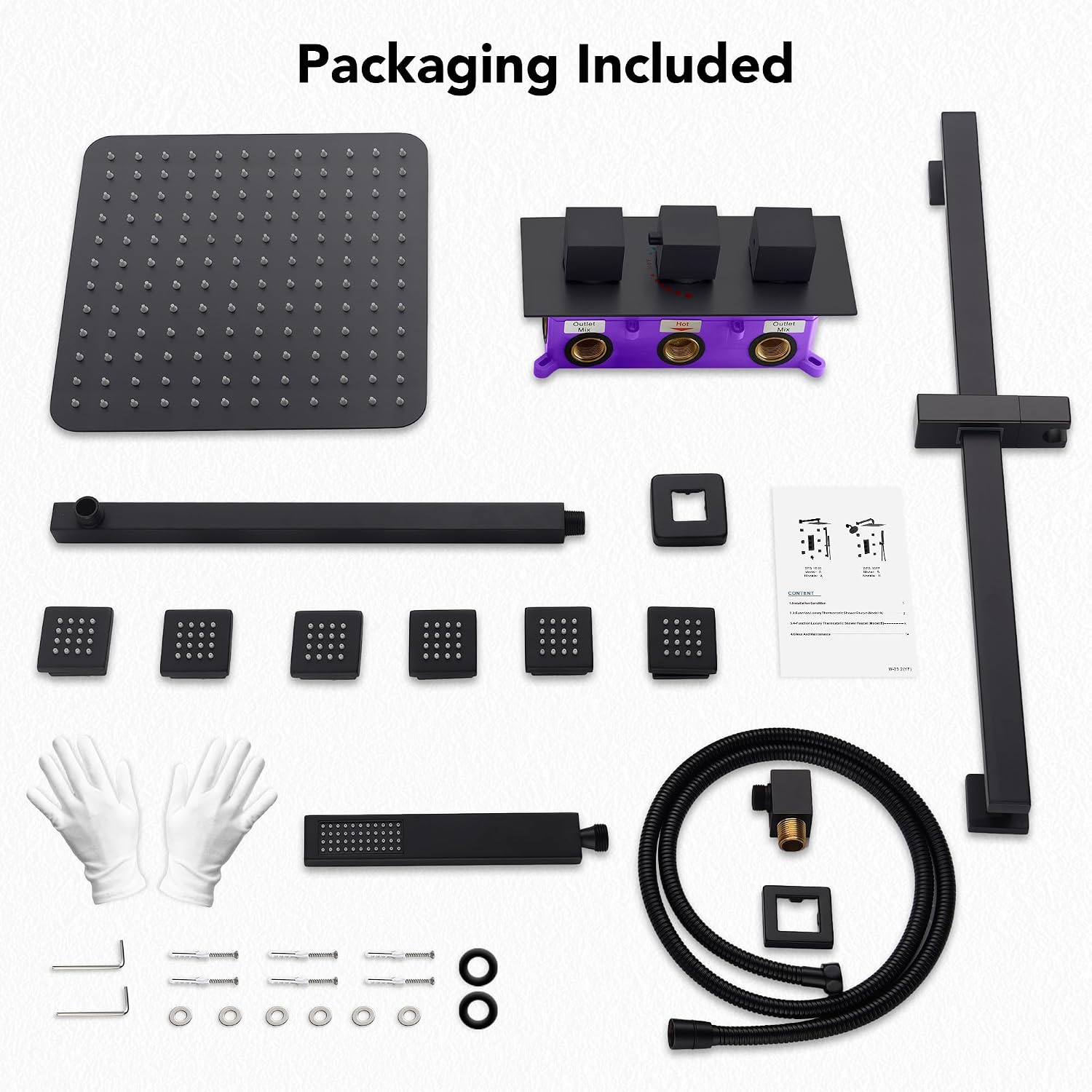 12' High-Pressure Rainfall Shower System with Slide Bar & 6 Body Jets, Wall Mount Bathroom Shower Faucet Set (Matte Black)