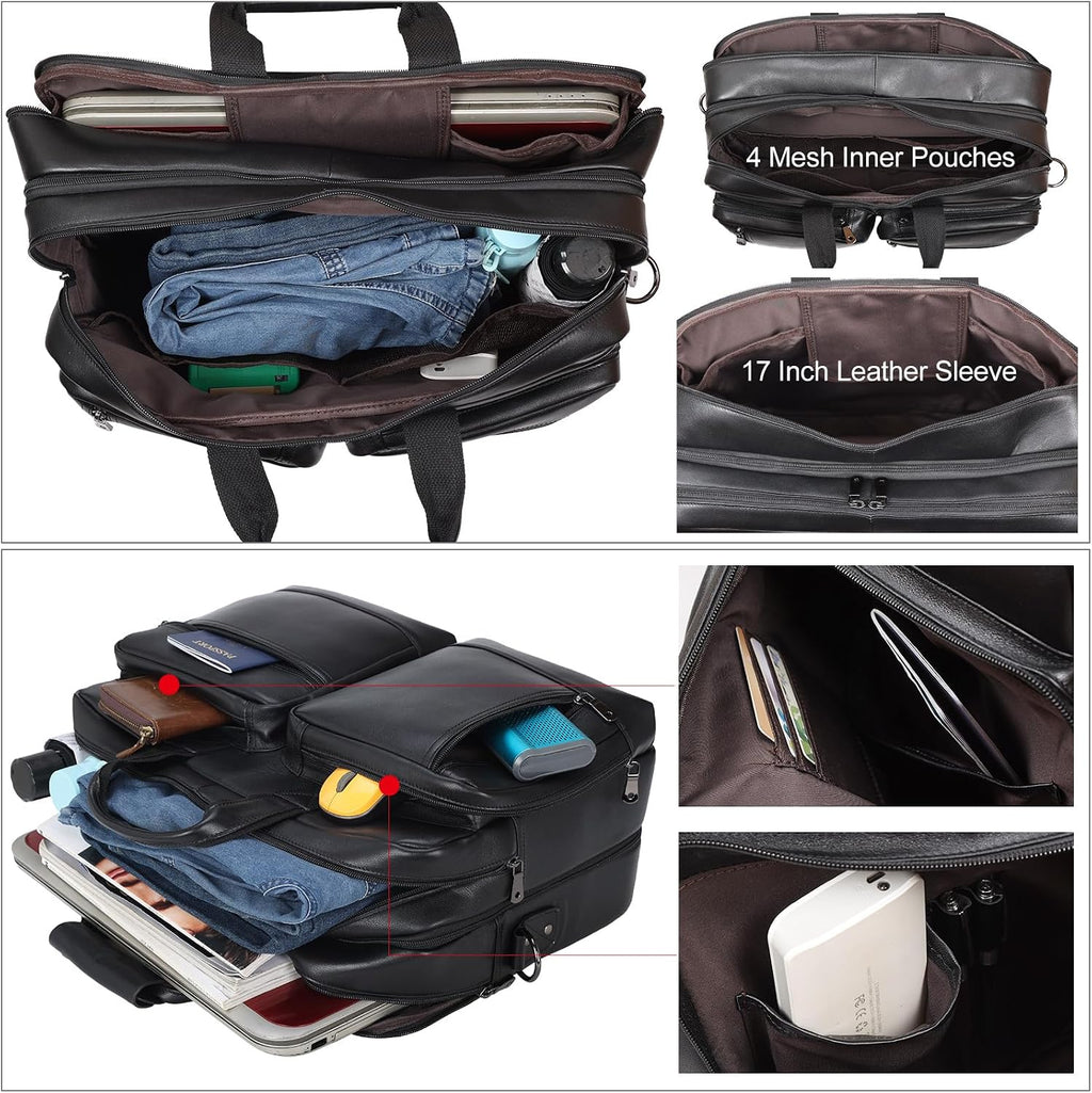 Leather Briefcase for Men Expandable Large 17 Inch Laptop Crossbody Shoulder Bag Business Travel Duffel Attache Case