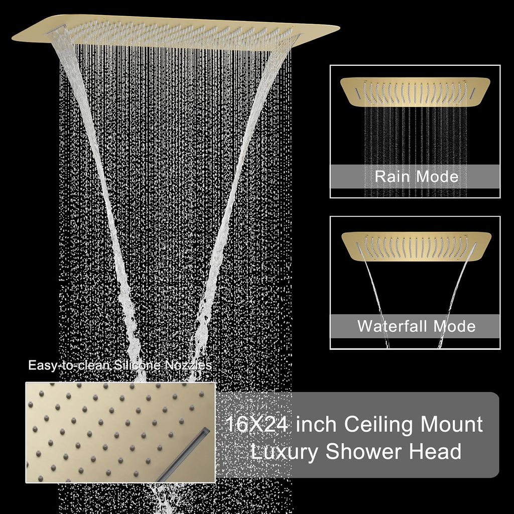 5 Function Thermostatic Shower System 16X24 inch Shower Head Set with 2 Function Handheld Spray, 6 Body Jet, Brushed Gold