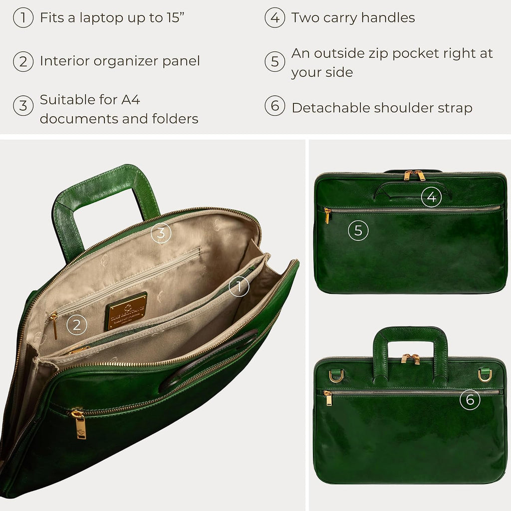 Time Resistance Slim Leather Briefcase - Italian Handmade Leather Computer Bag - Briefcase for Men and Women - Laptop Bag