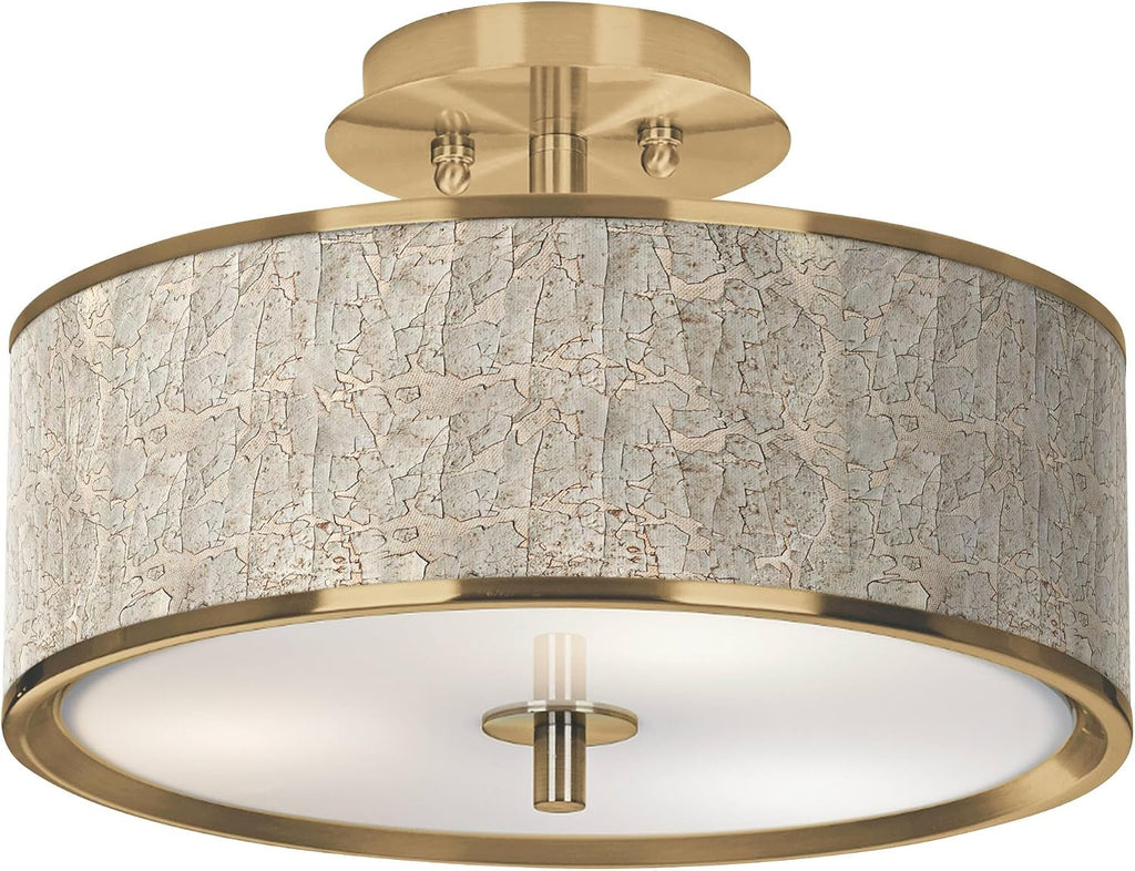 Giclee Glow 14' Rustic Semi Flush-Mount Ceiling Light Fixture Kitchen Foyer Hallway Drum Round Al Fresco Shade LED Silver Gold Finish Bedroom Bathroom Entryway Living Room Indoor Office Small