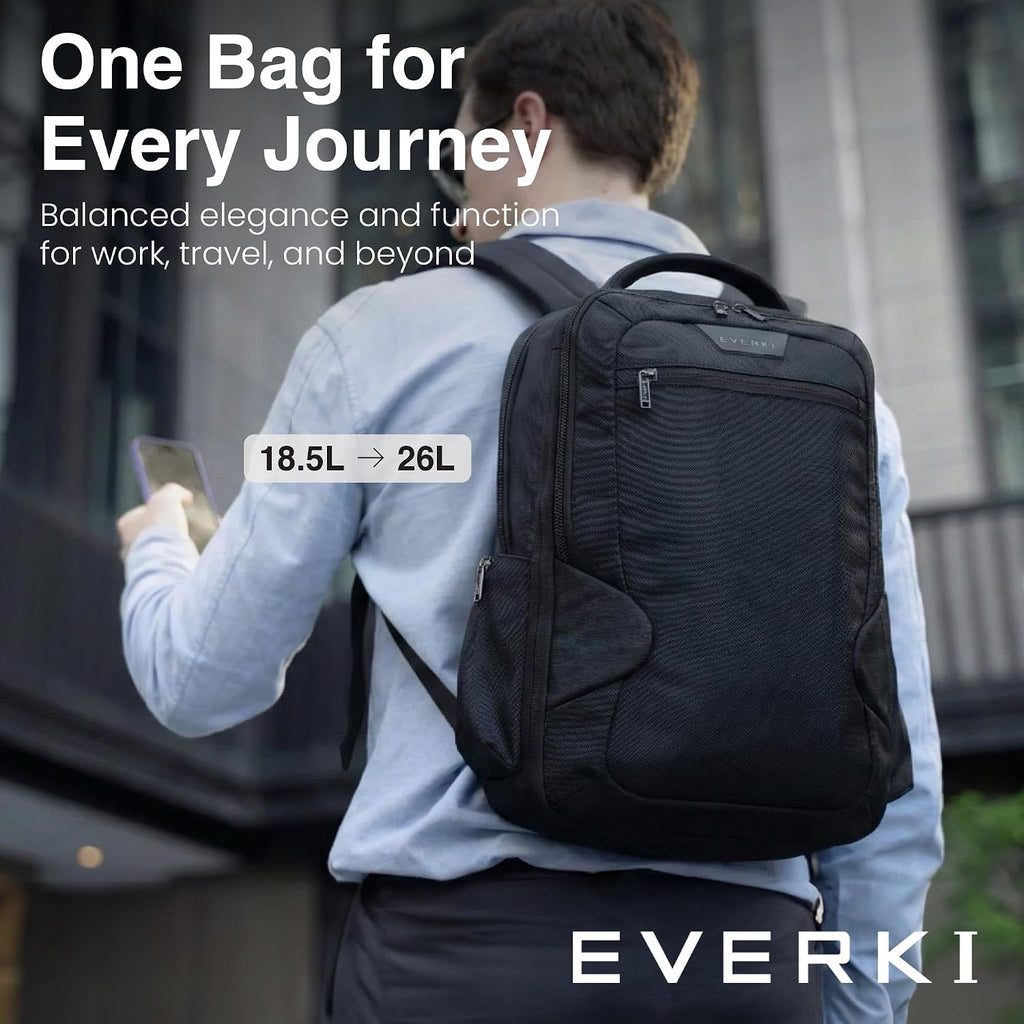 EVERKI Studio Expandable Laptop Backpack for Men & Women – Business and Travel Backpack, Carry-On Backpack for Office & Travel, Professional Backpack, 15-Inch MacBook & Laptop Bag, 26L Capacity, Black