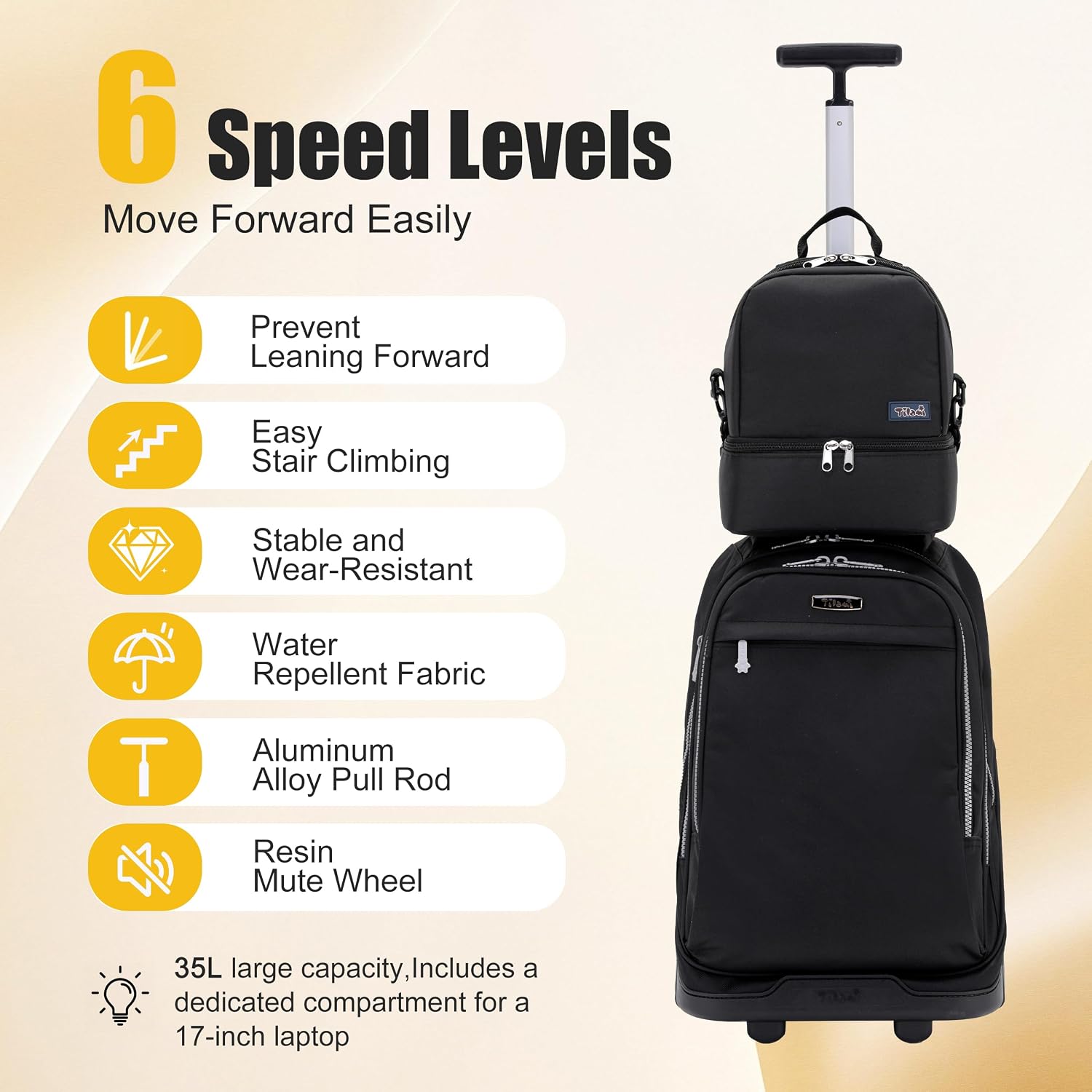 NEW TILAMI 19 Inch Rolling Backpack with Lunch Bag for Girls Boys Wheeled Laptop Backpack Durable Carry-on Bag School Travel, Black