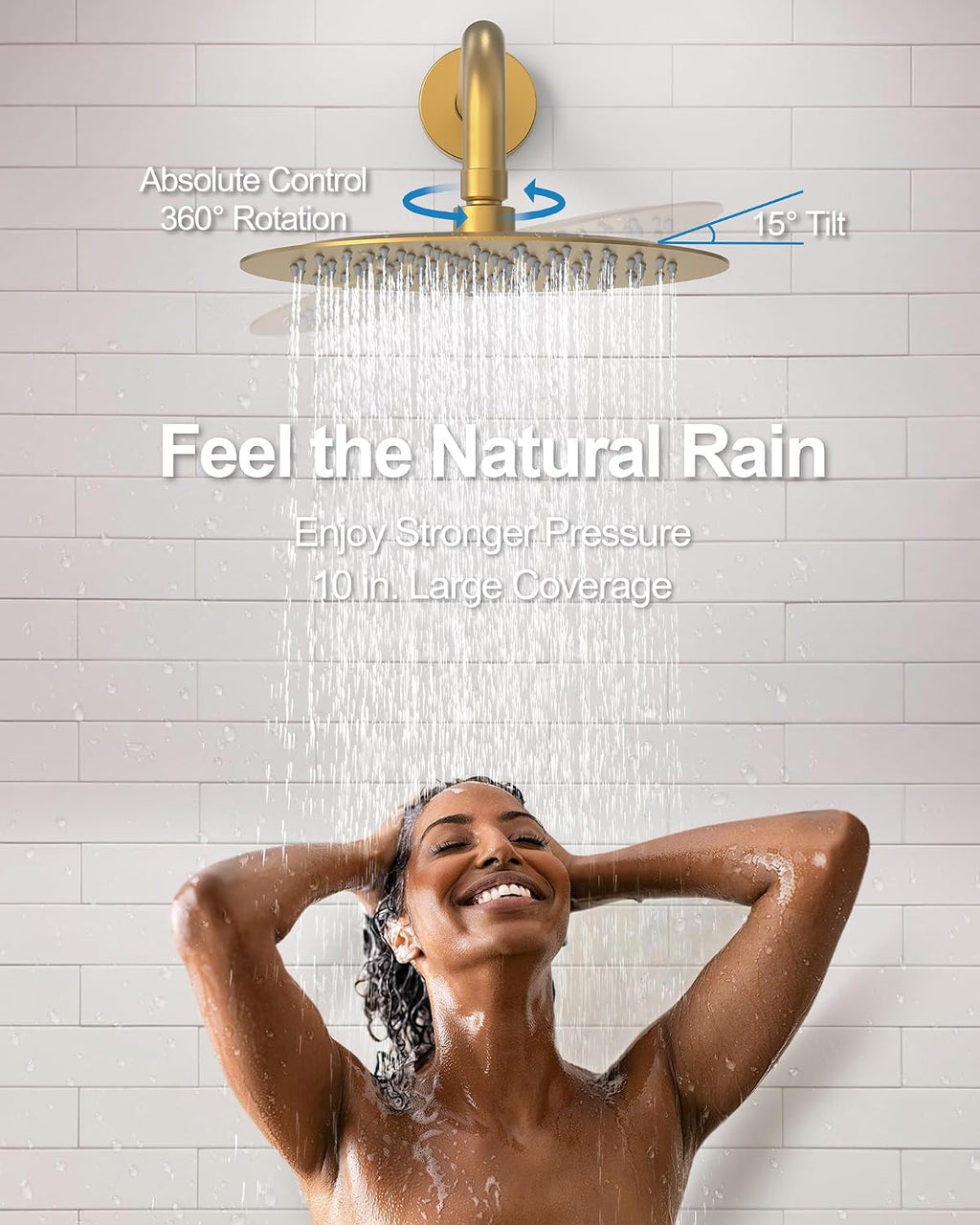 10 Inch Round Shower Faucet Set with Tub Spout, High Pressure Rainfall Shower Head and Handheld Sprayer Combo, Brushed Gold