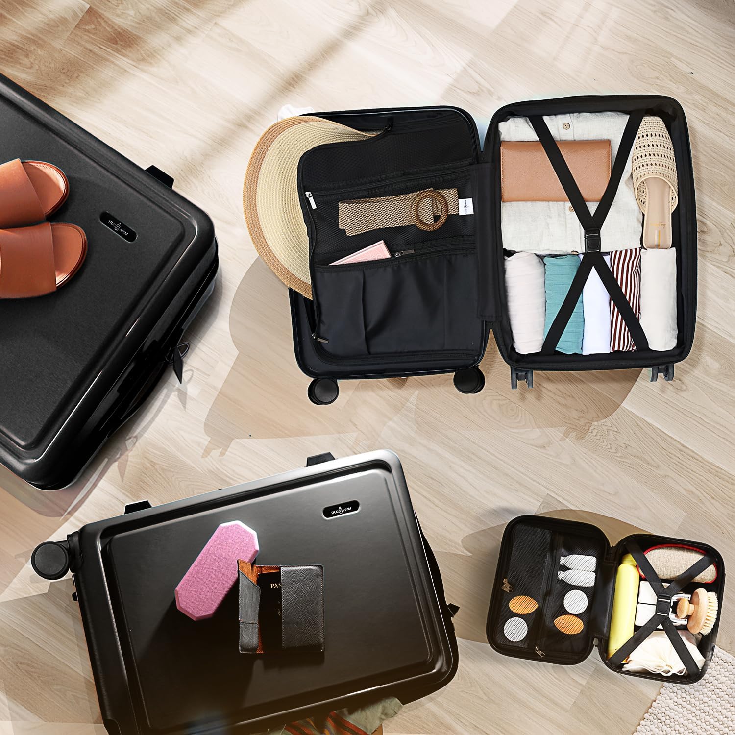 TRAVELARIM Hard Shell Luggage Sets with Spinner Wheels 4 Piece, Expandable Large Suitcases with TSA Lock, Travel Large Suitcase Set, Jet Black Luggage Set