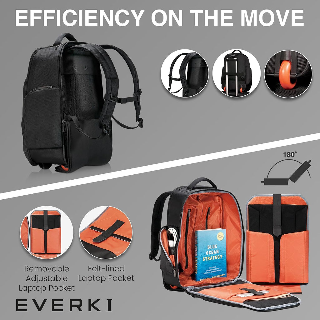 EVERKI Atlas Wheeled 30L Laptop Backpack - Rolling Backpack for Men & Women, Carry-On Travel Roller Backpack for Laptops, Fits 13 to 17.3 Inches with Adjustable Compartment for Business & Work - Black