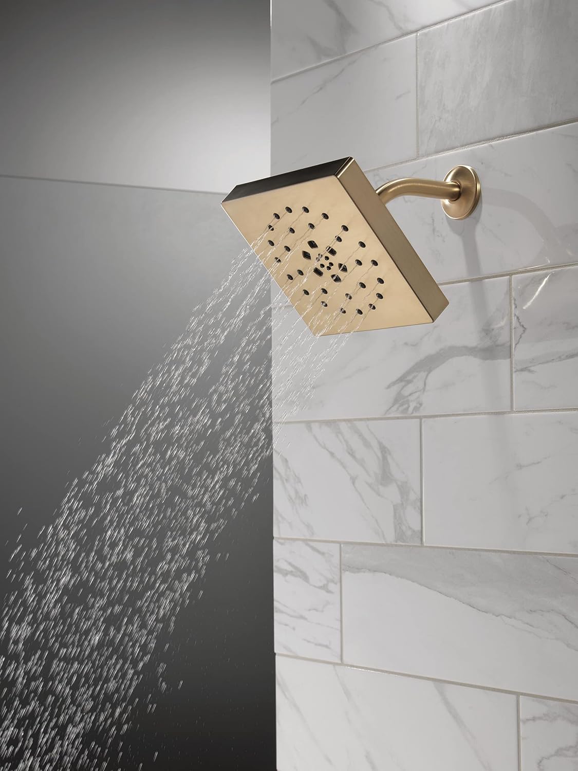Delta 4-Setting Brushed Gold Shower Head with H2Okinetic Spray, 4 Inch Square Shower Head, Showerheads, 1.75 GPM Flow Rate, Lumicoat Champagne Bronze 52484-CZ-PR