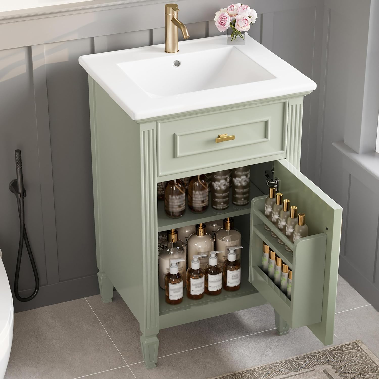 20 Inch Freestanding Bathroom Vanity with Ceramic Sink Set Combo Tip Out Drawer 1 Cabinet Door Shelf Modern Style Painted Gold-Tone Handle for Modern Small Bathroom Limited Space Green