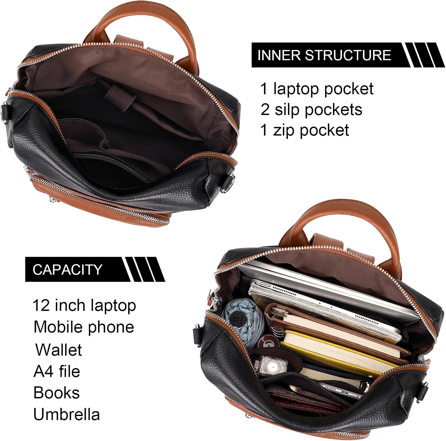 ALTOSY Genuine Leather Backpack Purse for Women Large Shoulder Bag With Laptop Compartment Multiple Pockets (S106 Black/Brown)