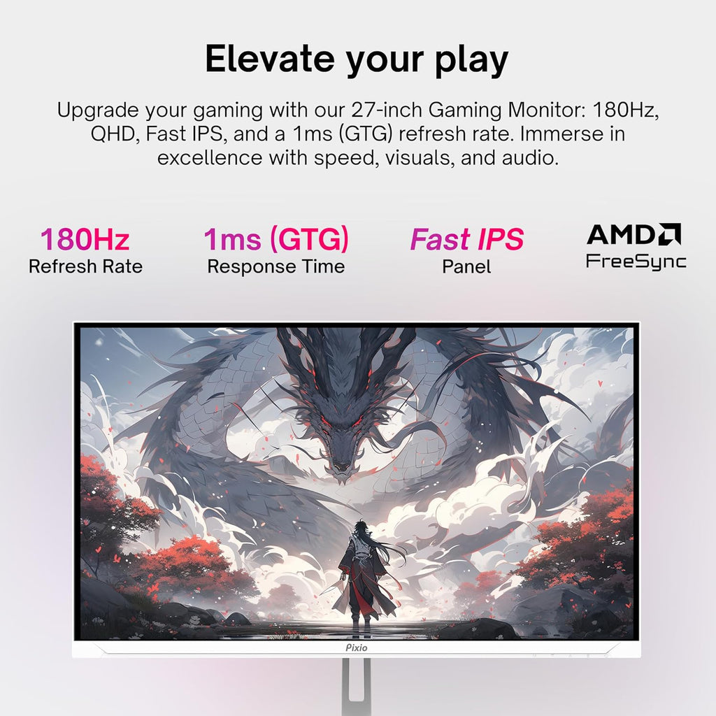 Pixio PX278 Wave White 27 inch 180Hz Refresh Rate FHD 1440p Resolution Fast IPS Panel 1ms GTG Response Time Gaming Monitor and PS1S Wave White Single Monitor Arm - Fits up to 32 inches and 19.8lbs