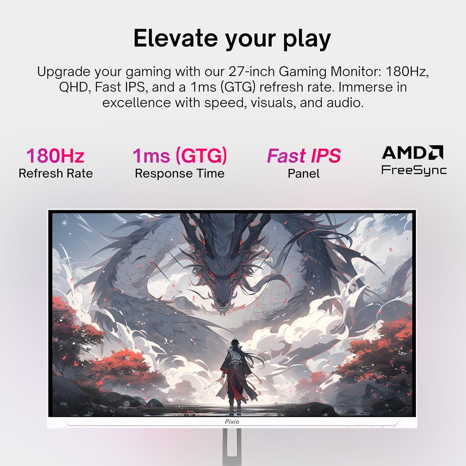 Pixio PX278 Wave White 27 inch 180Hz Refresh Rate FHD 1440p Resolution Fast IPS Panel 1ms GTG Response Time Gaming Monitor and PS1S Wave White Single Monitor Arm - Fits up to 32 inches and 19.8lbs