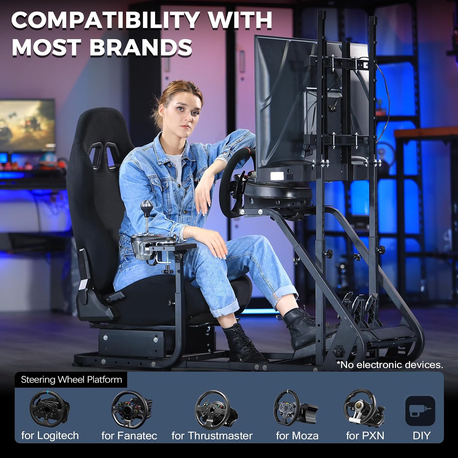Marada Racing Cockpit Frame with TV Stand,Gear Mount & Black Seat Fit for Logitech G923 G920, for Thrustmaster T500 T3PA TGT, for Fantec, Height Adjustable,Wheel and Pedals Not Included
