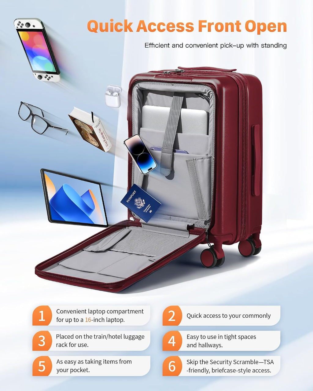 Expandable 20Inch Carry On Luggage Airline Approved - Front Pocket Travel Suitcase 100% PC Unbreakable -with Cup Holder,USB Charge,Side Pothook, 360°Spinner Wheels, TSA Lock-Wine Red