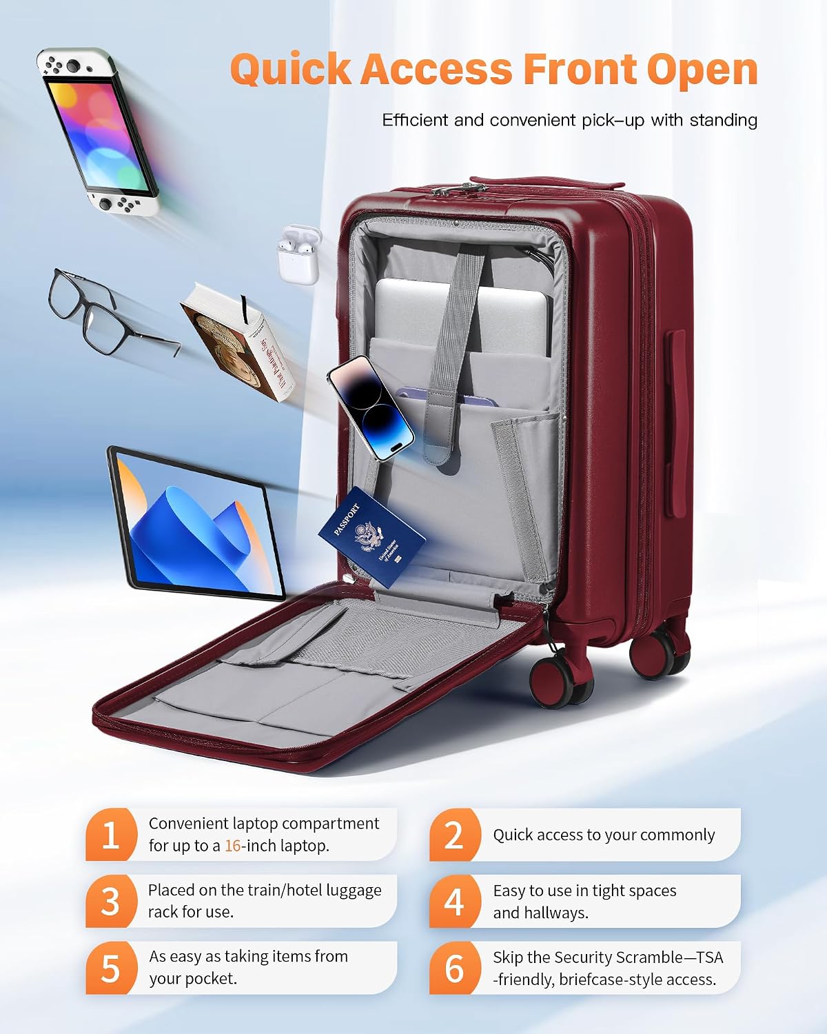 Expandable 20Inch Carry On Luggage Airline Approved - Front Pocket Travel Suitcase 100% PC Unbreakable -with Cup Holder,USB Charge,Side Pothook, 360°Spinner Wheels, TSA Lock-Wine Red