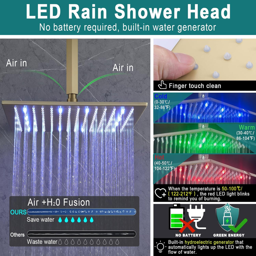 HOMEDEC Luxury Brushed Gold 16inch Shower System with Body Jets, Rainfall Shower Faucet Set with 6pcs Full Body Spray Jets, Ceiling LED Rain Showerhead and Thermostatic Diverter Valve