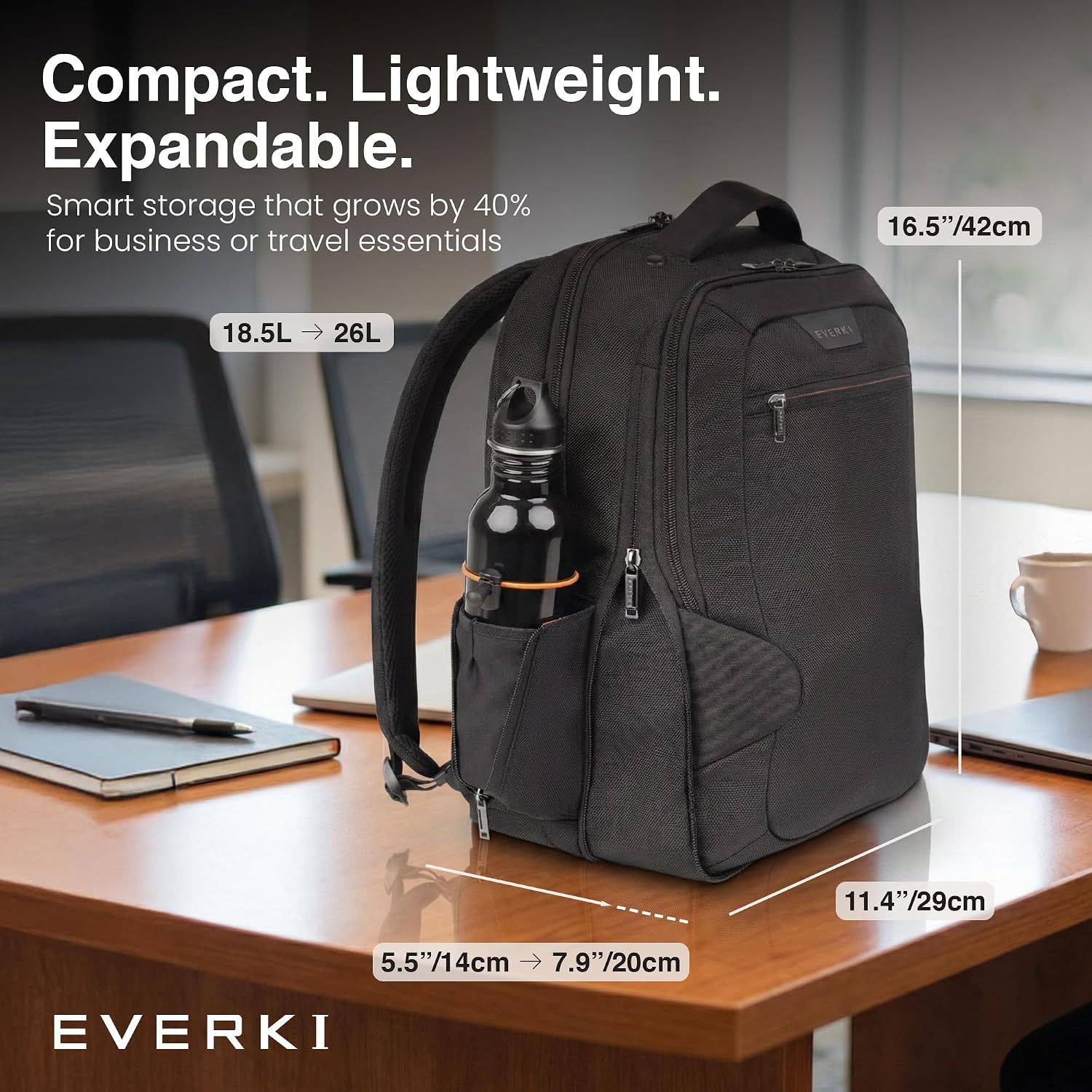 EVERKI Studio Expandable Laptop Backpack for Men & Women – Business and Travel Backpack, Carry-On Backpack for Office & Travel, Professional Backpack, 15-Inch MacBook & Laptop Bag, 26L Capacity, Black