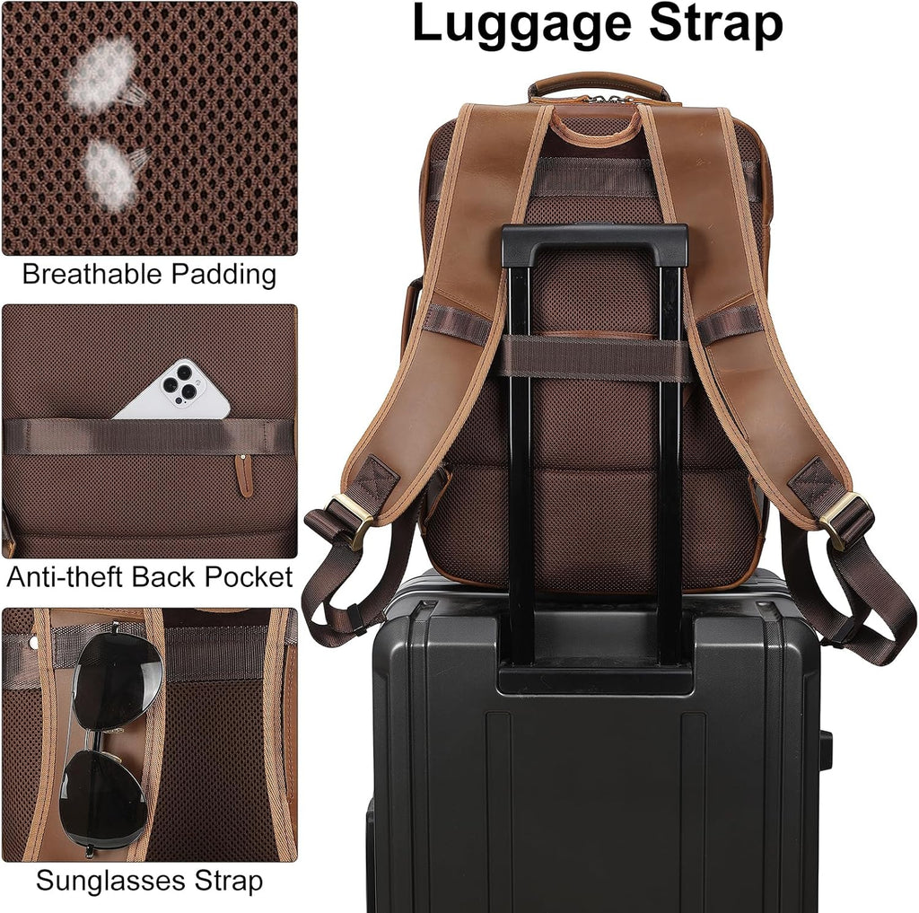 TIDING 17.3 Inch Full Grain Leather Laptop Backpack for Men Multi Pockets Casual Daypack Travel Rucksack