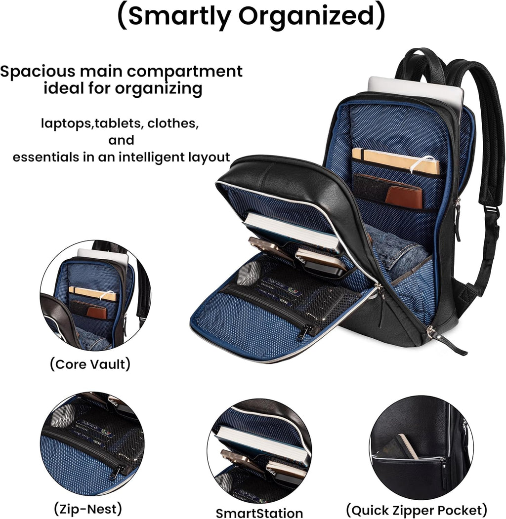 LEATHER VILLAGE Leather Laptop Backpack for Men | Black | Slim Professional Business Bag Fits 15.6'-Laptop | Water-Repellent Work & Travel Daypack with Trolley Strap